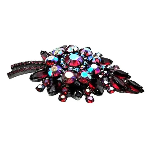 Juliana Brooch Earrings Jewelry Set Red Rhinestone Aurora Borealis Vintage Costu - Picture 4 of 12